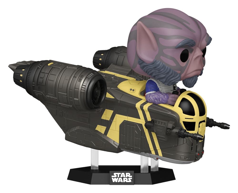 Star Wars: The Mandalorian and Grogu POP! Rides Deluxe Vinyl Wackelkopf-Figur Zeb Orrelios in the Razor Crest 9 cm